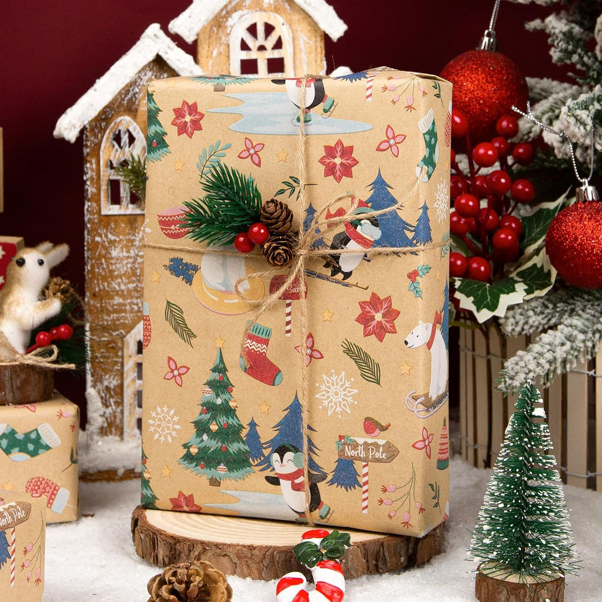 Kraft Christmas paper gift tied with twine and pinecone