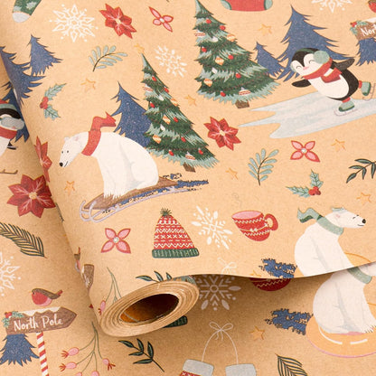Kraft Christmas wrapping paper with trees, penguins, and bears