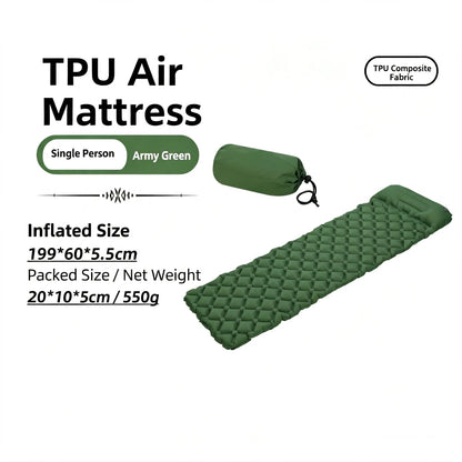 Camping TPU Inflatable Mattress for Outdoor Hiking, Lightweight, Portable, Foldable, Foot-Pump Inflatable Mattress, Car-Mounted Inflatable Mattress