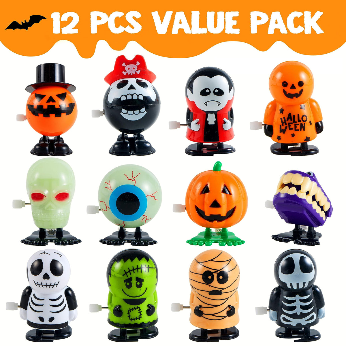 Twelve Halloween wind-up toys in value pack grid