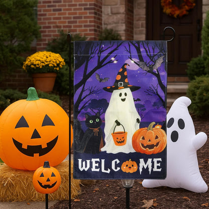 Ghost Halloween garden flag with jack-o'-lantern by front door