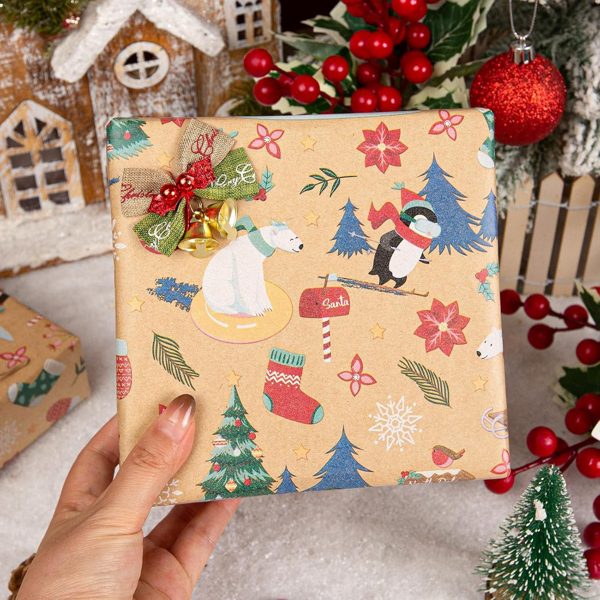 Hand holding gift in kraft paper with polar bear, penguin