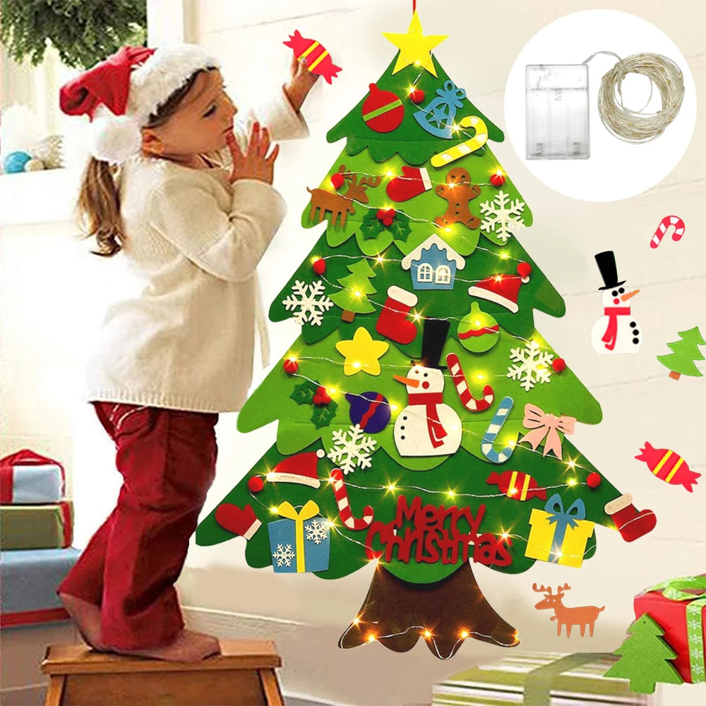 Child decorating DIY felt Christmas tree with string lights