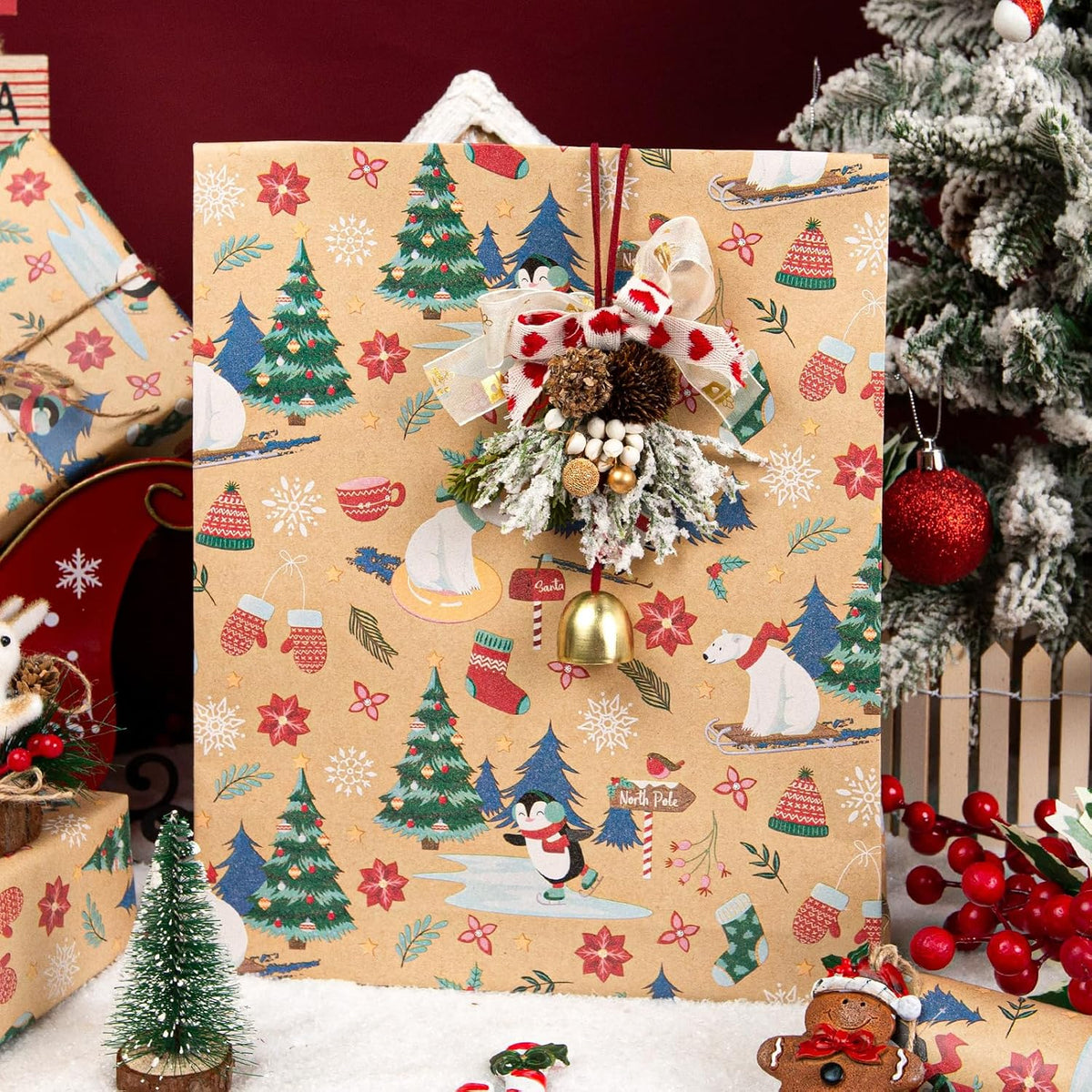 Kraft Christmas paper gift with pinecone and bell bow