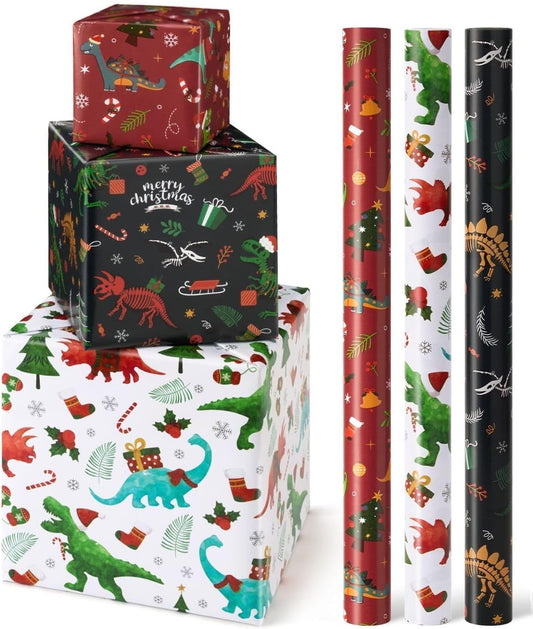 Kids dinosaur Christmas wrapping paper, 3 rolls