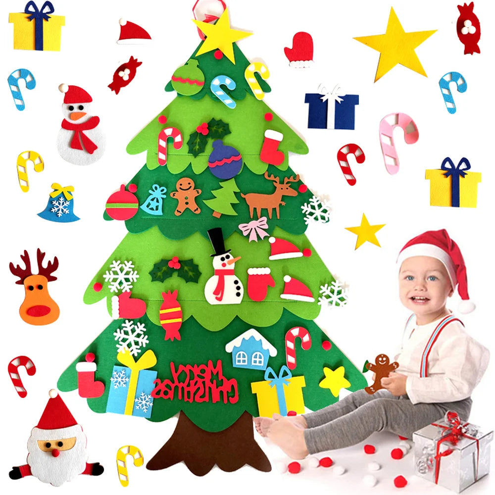 DIY felt Christmas tree with ornaments and child playing