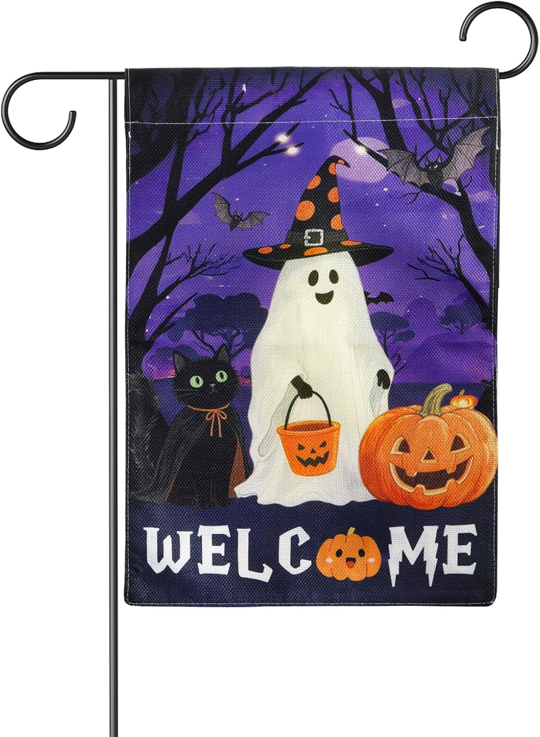 Halloween garden flag with ghost, black cat, and pumpkin