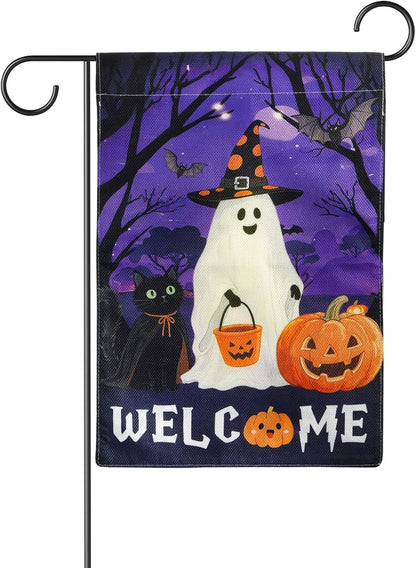 Halloween garden flag with ghost, black cat, and pumpkin