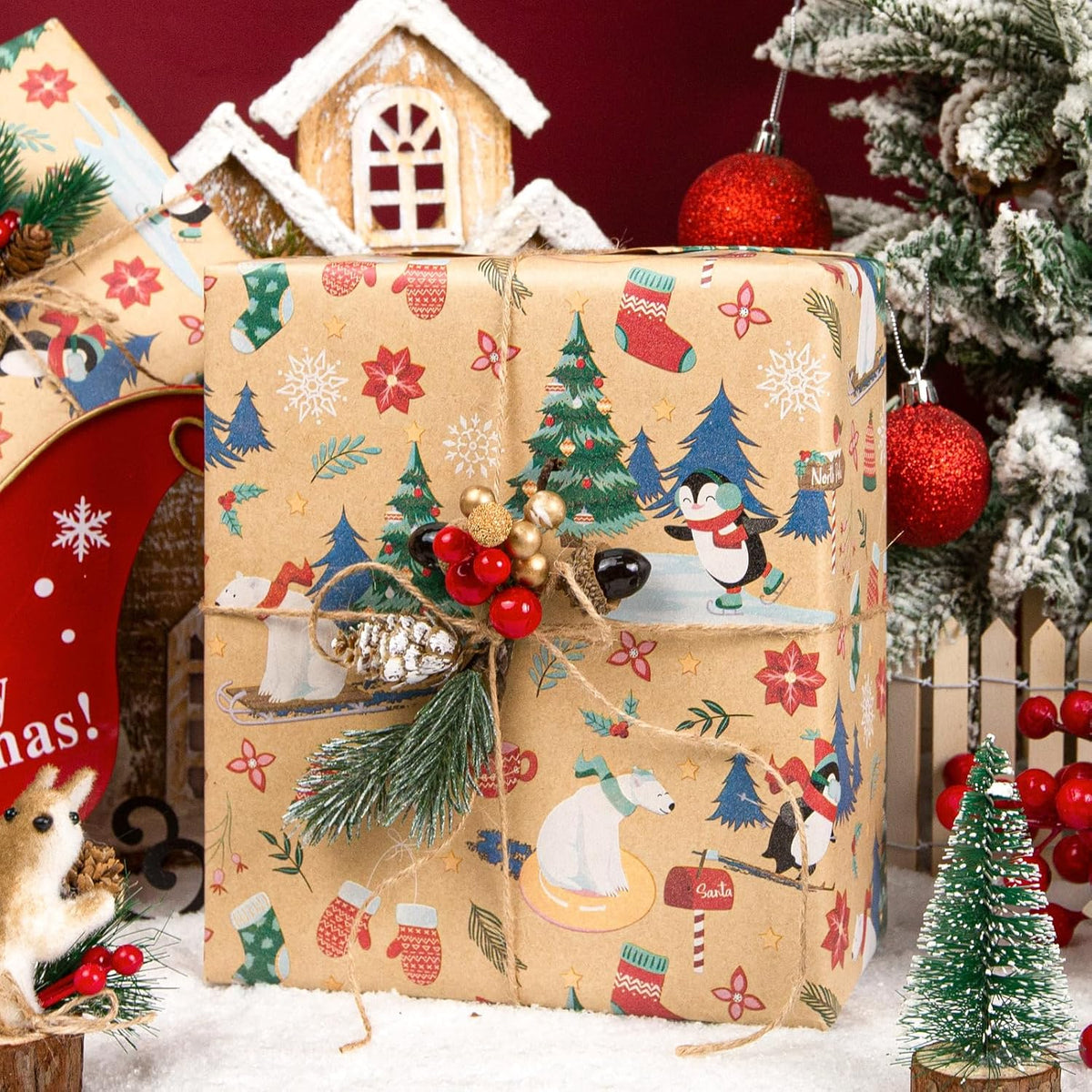 Kraft-wrapped Christmas gift with pine and berry decoration