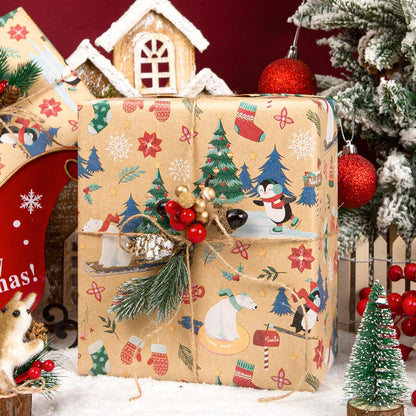 Kraft-wrapped Christmas gift with pine and berry decoration