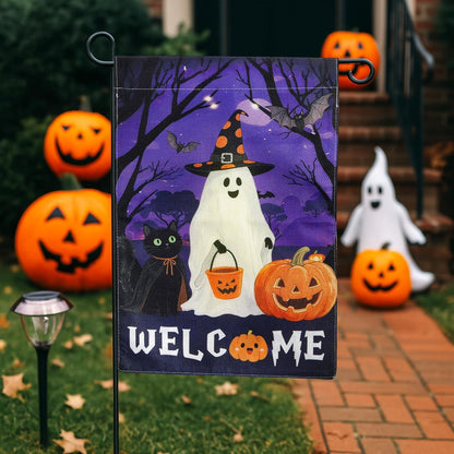 Ghost Halloween welcome flag on stand by pumpkins