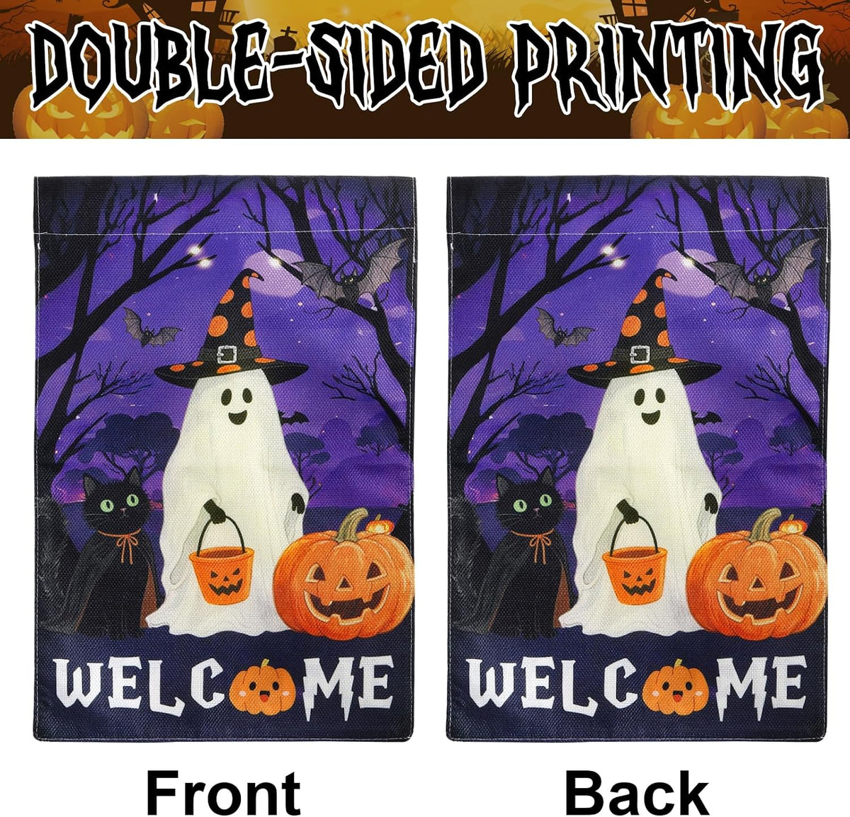Front and back of double-sided Halloween welcome garden flag