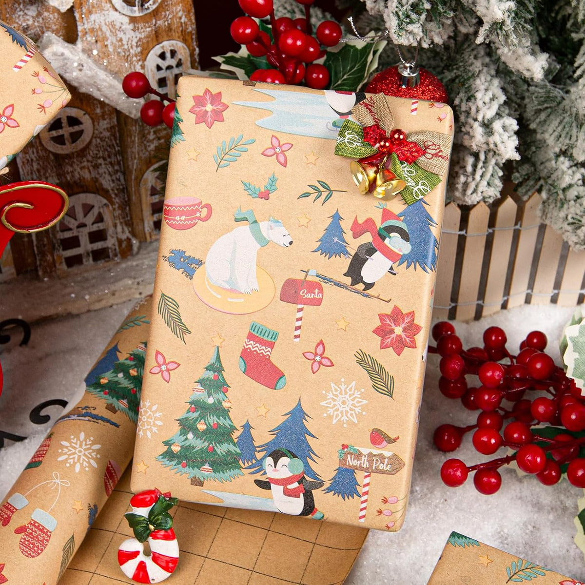 Gift in kraft Christmas paper with jingle bell bow