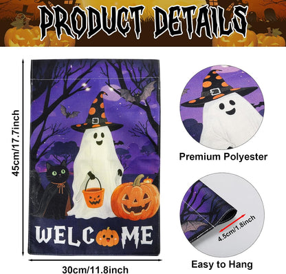 Halloween garden flag with ghost, black cat, pumpkins, dimensions