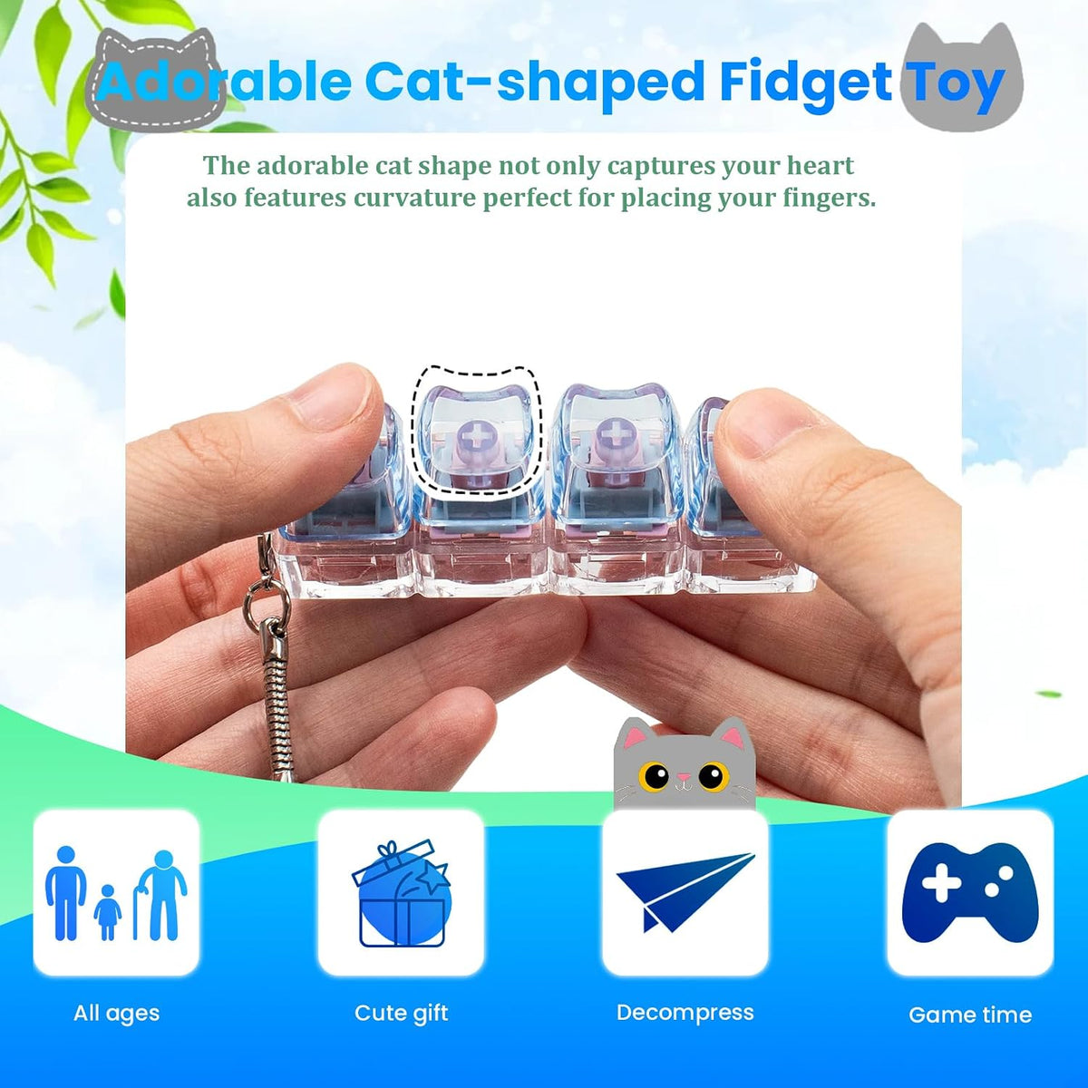 2Pcs Cat Keyboard Fidget Toy, Creamy & Clicky Cute Fidget Clicker Keychain