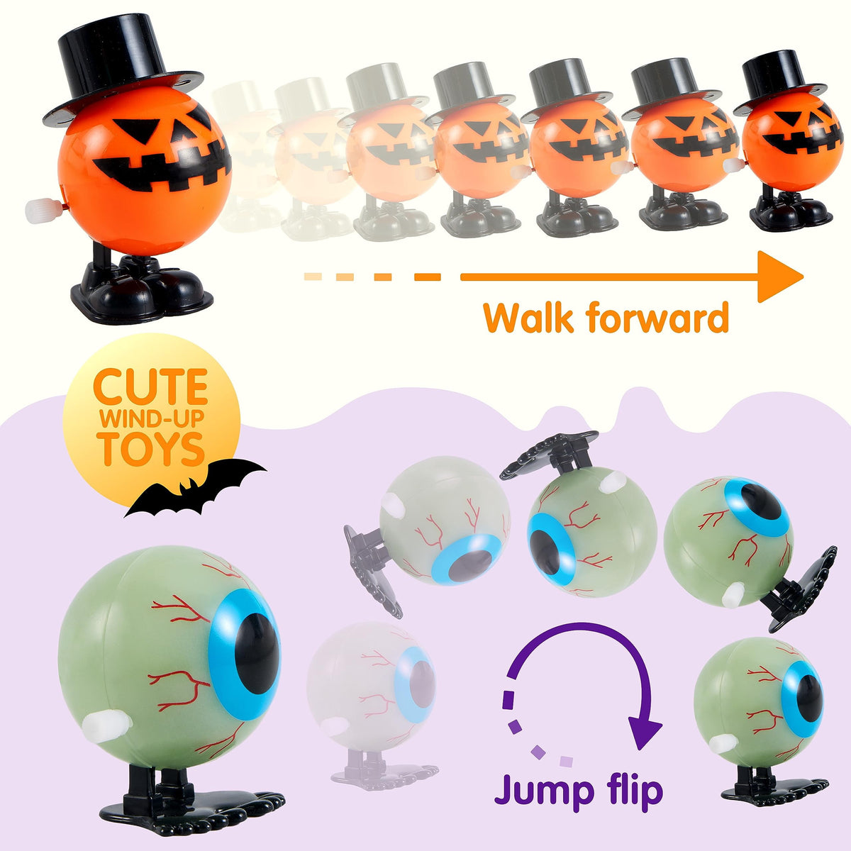 Pumpkin and eyeball wind-up toys walking and flipping