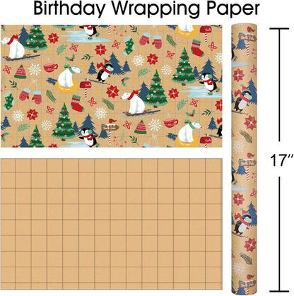 Kraft Christmas wrapping paper print, grid back, 17-inch roll